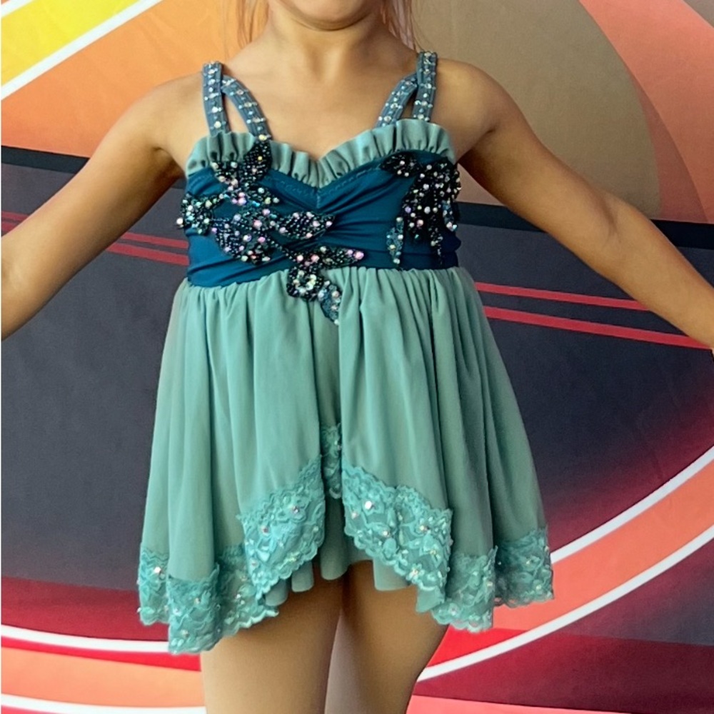 Elegant Teal and Navy Kids babydoll style lyrical contemporary costume